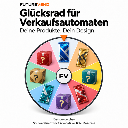 Designvorschau des Futurevend Glücksrads mit Booster-Packs und Mystery Boxes; Softwarelizenz für eine kompatible TCN-Maschine.