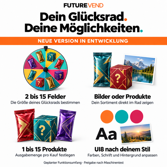 Geplante Funktionen: 2 bis 15 Felder mit Booster-Packs und Mystery Boxes, eigene Bilder, 1 bis 15 Produkte pro Kauf und UI8-Design. Noch in Entwicklung.