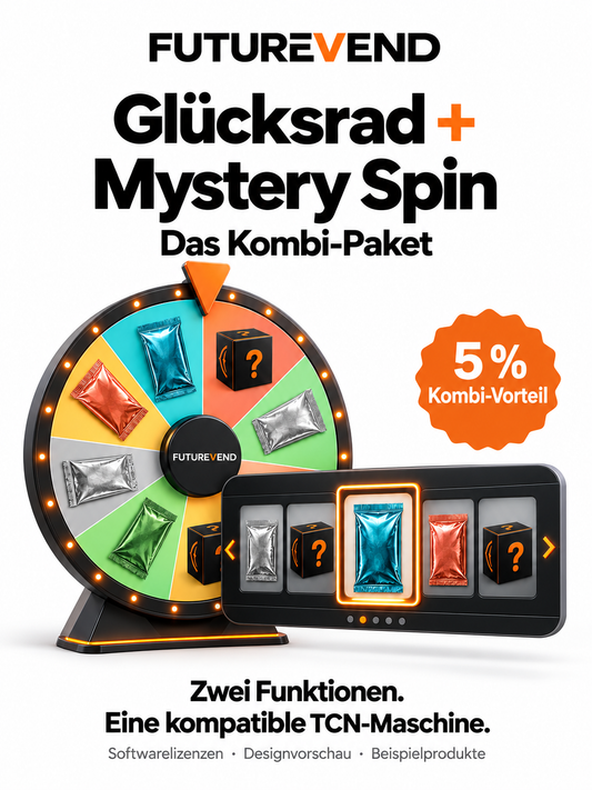 Designvorschau des Futurevend Kombi-Pakets mit Glücksrad und Mystery Spin für Booster-Packs und Mystery-Boxen; zwei Softwarelizenzen für eine kompatible TCN-Maschine.