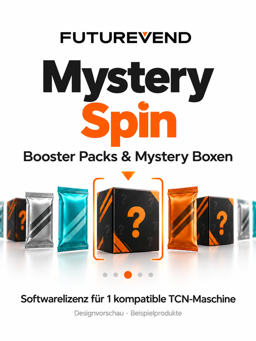 Designvorschau von Futurevend Mystery Spin mit Booster-Packs und Mystery-Boxen; Softwarelizenz für eine kompatible TCN-Maschine.